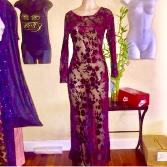 Dresses & Skirts - Royal Floral Maxi Gown Sheer Red Velour Dress